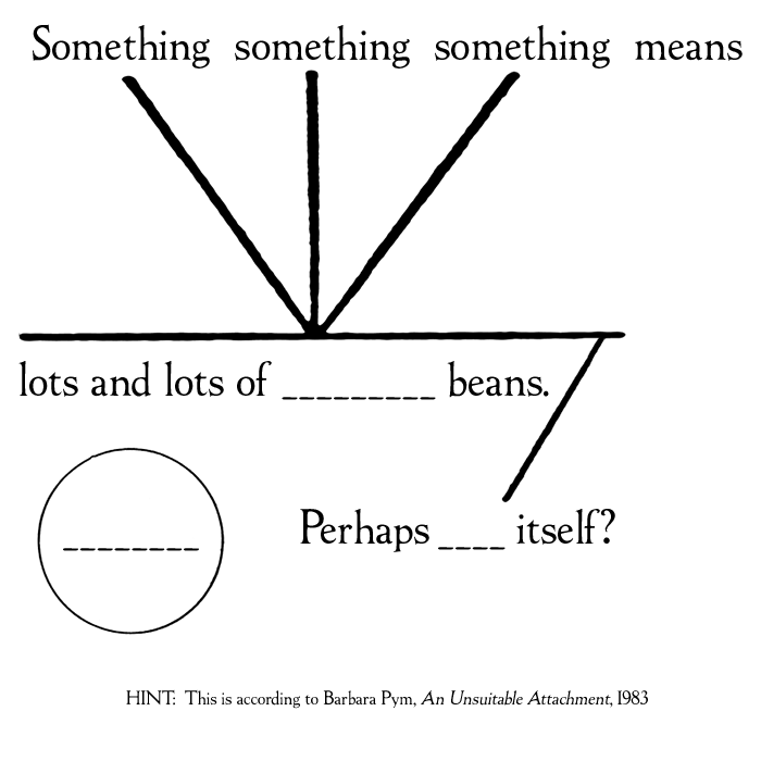 Something something something means lots and lots of ___ beans. Perhaps ___ itself? (from Barbara Pym, An Unsuitable Attachment, 1983)